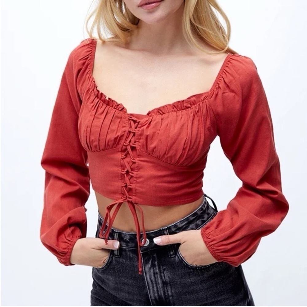 NWT PacSun/La Hearts Lace Up Long Sleeve Rust Boho Crop Top Size Medium